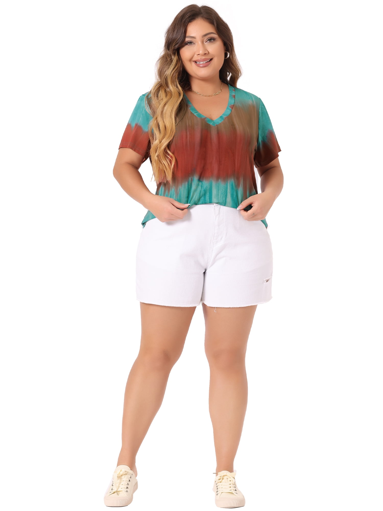 DARING DIVA Women's Plus Size V Neck Short Sleeve Tie Dye Tunic Top 2X Orange