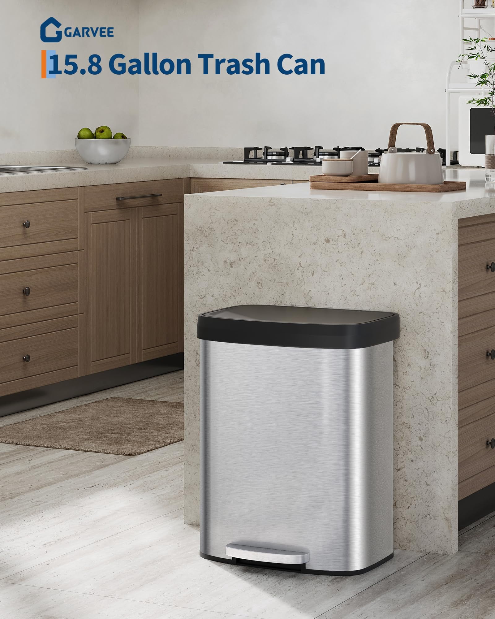 16 gal / 60 L Stainless Steel Trash Can with Soft Close Lid, Large Rustproof Kitchen Garbage Bin with Liner Rim, Durable Metal Construction for Home Kitchen  or Office Use
