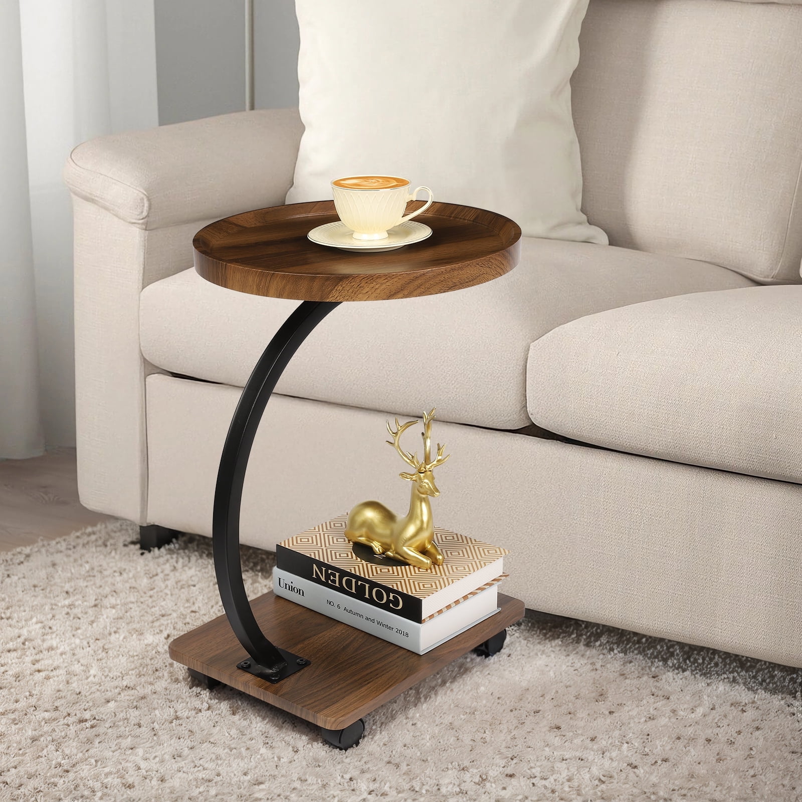 C Shaped Side End Table - with Rolling Wheels, Walnut Finish Movable Round Tea Table for Couch, Bed, Sofa Side