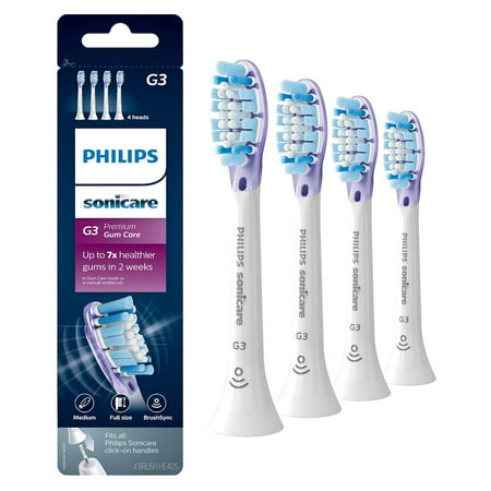 G3 Premium Gum Care Toothbrush Replacement Heads, Compatible with Philips Sonicare Click-on Handle Electric Toothbrush Brush Heads, HX9054, 4 Brush Heads, White