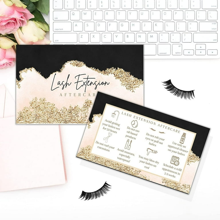 Lash Extension Aftercare Cards - 50 Pack, 2x3.5", Glossy Cardstock, Pink Watercolor & Gold Design