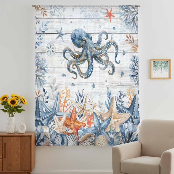 Octopus Coastal Sheer Curtains 72 Inches Long, Summer Beach Coral Starfish Grey Wooden Light Filering Curtains, Breathable Simi Curtain Privacy Drapes for Living Room Bedroom Window Treatment