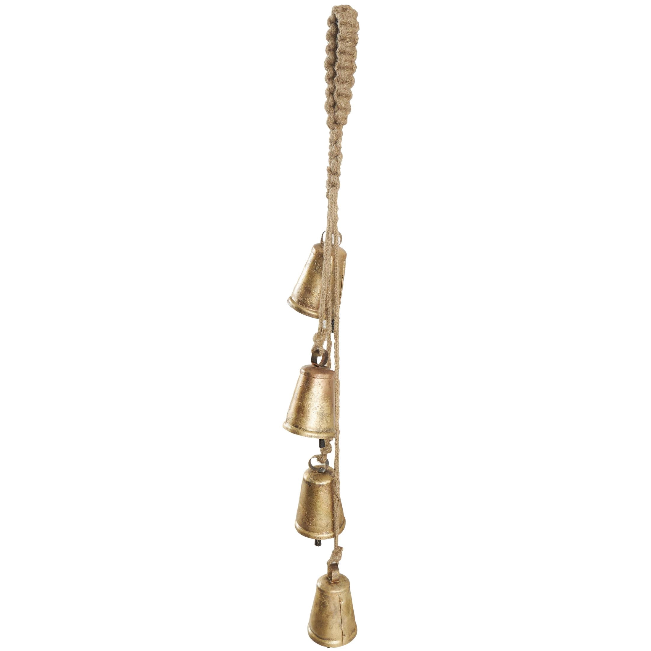 DecMode Tibetan Inspired Cascading Gold Metal Conical Decorative Cow Bells with 4 Bells on Jute Hanging Rope