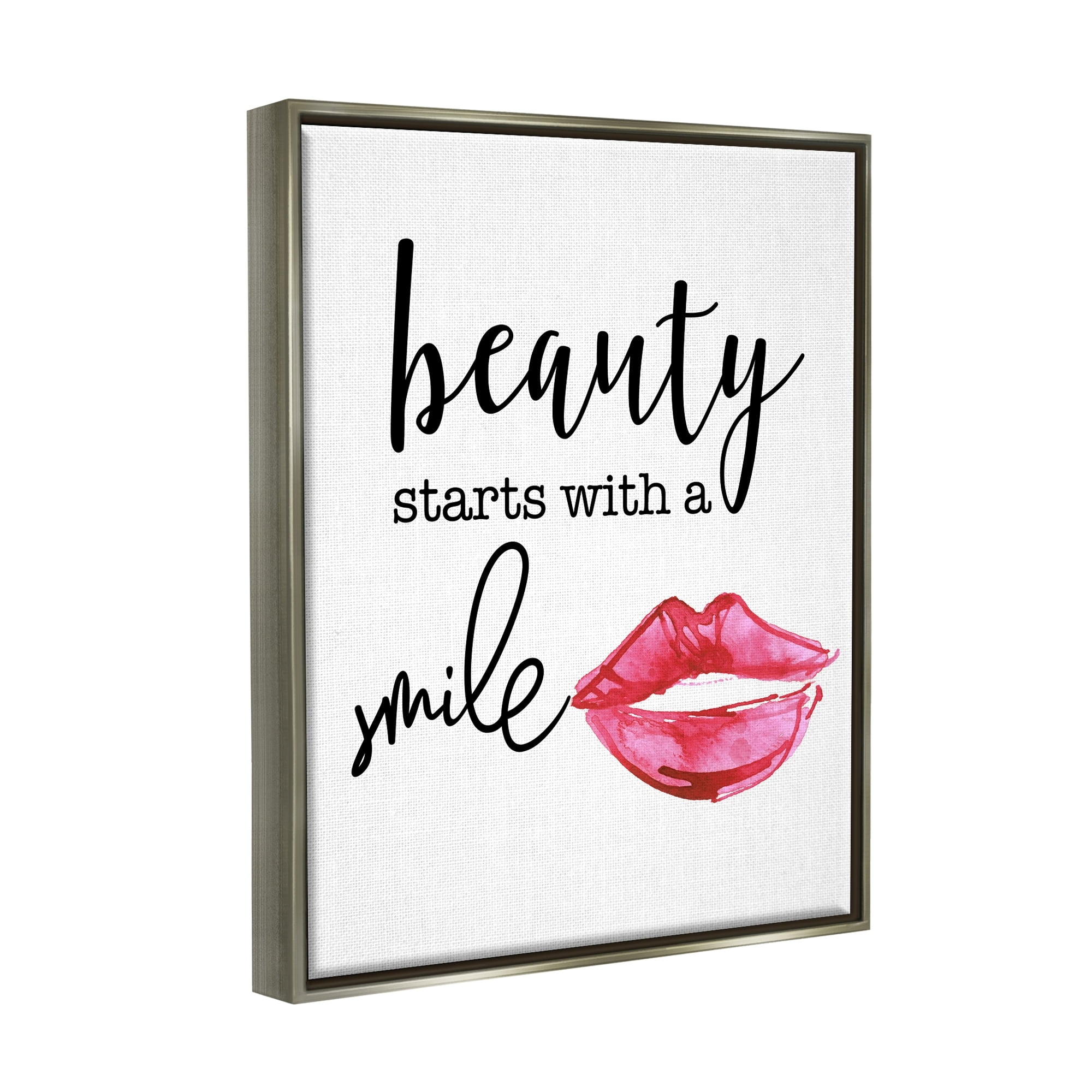 Stupell Industries Beauty Starts With Smiling Chic Lipstick Lips Design Graphic Art Luster Gray Floating Framed Canvas Print Wall Art, Design by Daniela Santiago