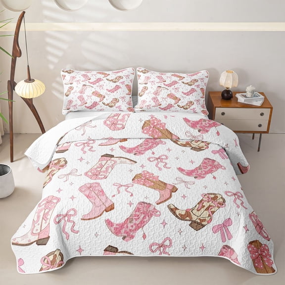 jejeloiu Pink Cowgirl Boot Bow Twin Quilt Set Kids,Cute Western Print Twin Coverlet Set,2 Pieces