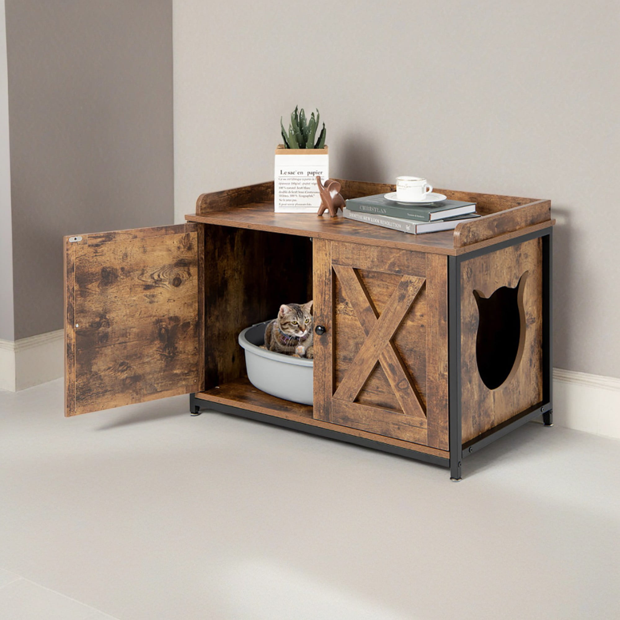 resenkos 31" Hidden Cat House Washroom Furniture with Double Doors and Adjustable Footpads, Wood Cat Litter Box Enclosure Cabinet with Side Entrance, Brown