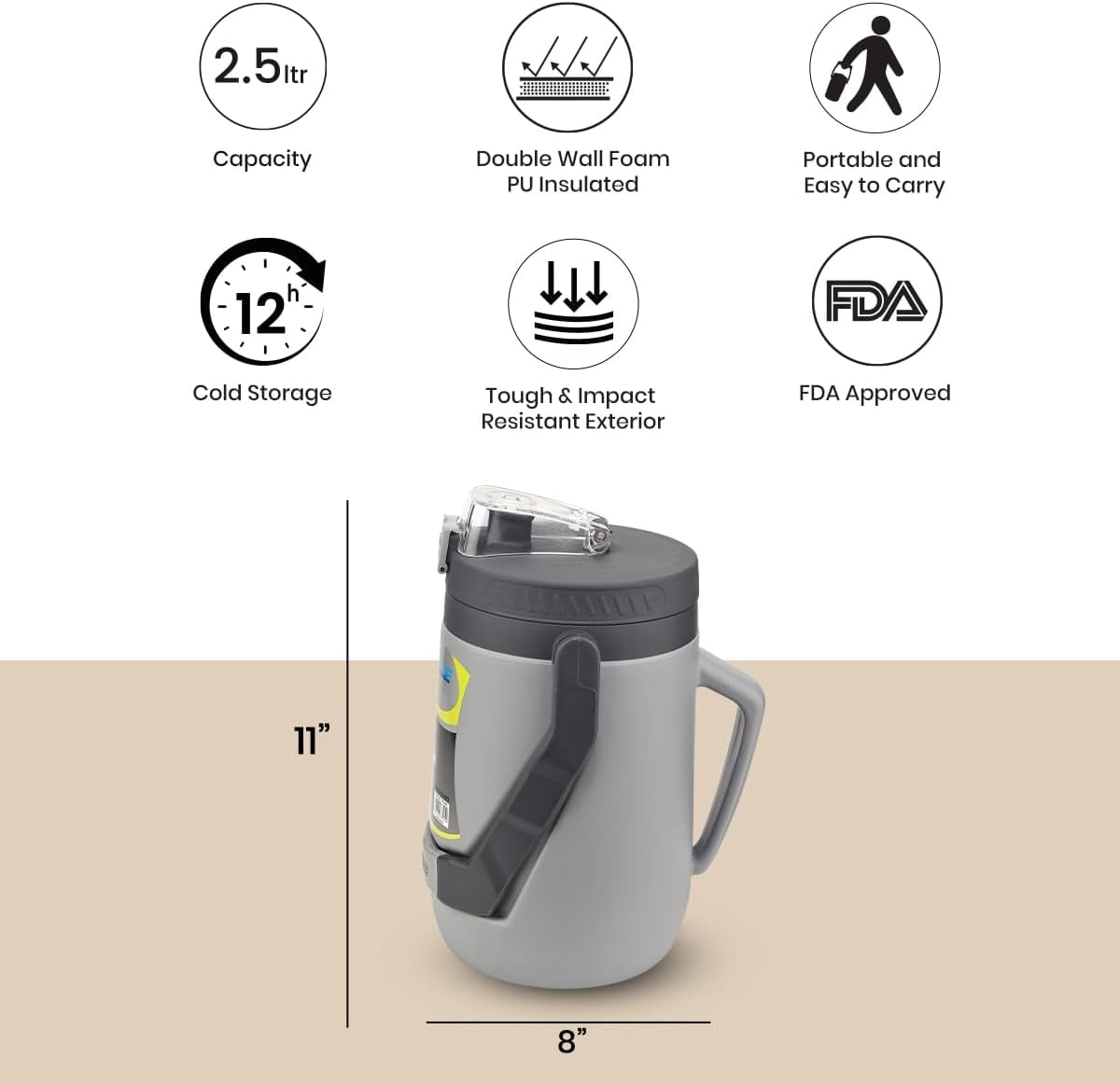 Pinnacle Thermoware Insulated Water Jug with Spout 85 Oz Large Water Bottle with Easy to Carry Handle - Gray