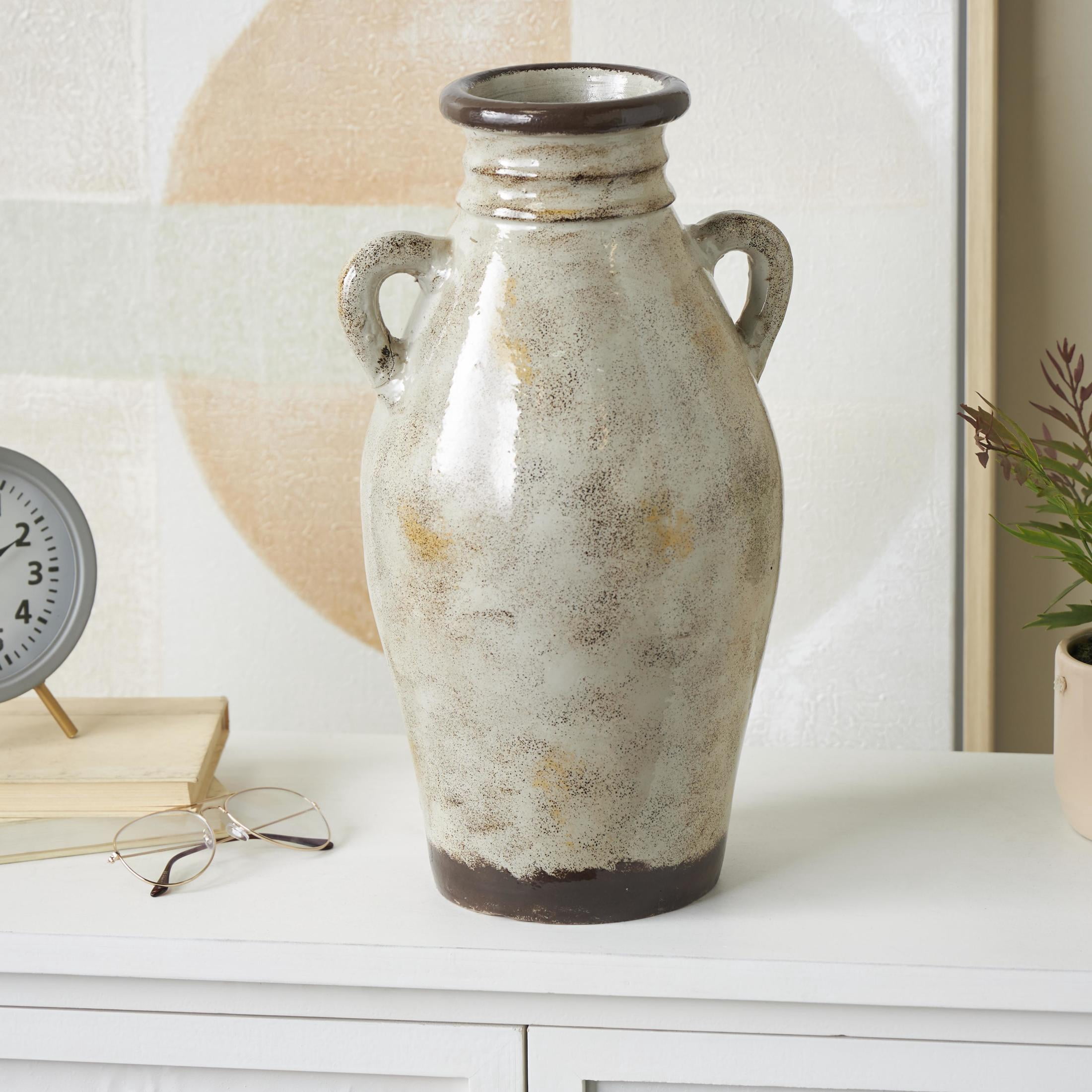DecMode 18" Antique Amphora Cream Ceramic Vase with Speckled Texturing and Yellow and Brown Accents