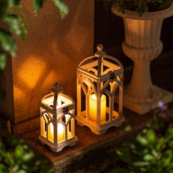 Nuptio Wooden Lanterns Decorative Indoor Outdoor - 12" / 16" Set of 2 Farmhouse Candle Holder Lanterns for Wedding Centerpiece Fireplace Mantle Patio Outdoor Decor