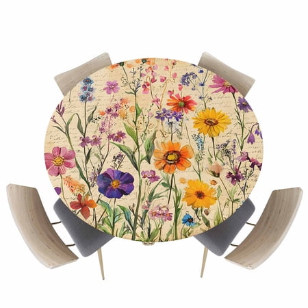 Round Fitted Tablecloth Farmhouse Colorful Small Flower Circle Table Cover Waterproof Table Cloth with Elastic Edge Retro Backdrop Seamless Outdoor Tablecloths for Kitchen Picnic 45-54in