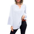 thumbnail image 2 of Women's Plus Size Cotton Linen Tunic, Long Sleeve V Neck Blouse with Flare Sleeve, Solid Color Loose Fit Top for Spring Summer Beach Casual Wear and Vacation Outfits White M, 2 of 7