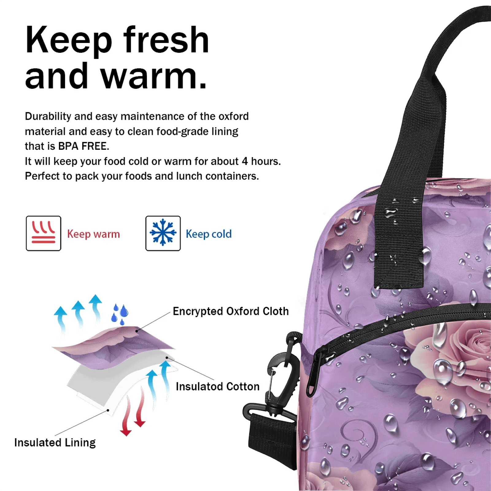 Herdesigns Rose Lunch Bag for Women Men Adult, Floral Large Insulated Reusable Lunch Box Leakproof Portable Cooler Tote Bags for Work Picnic Beach