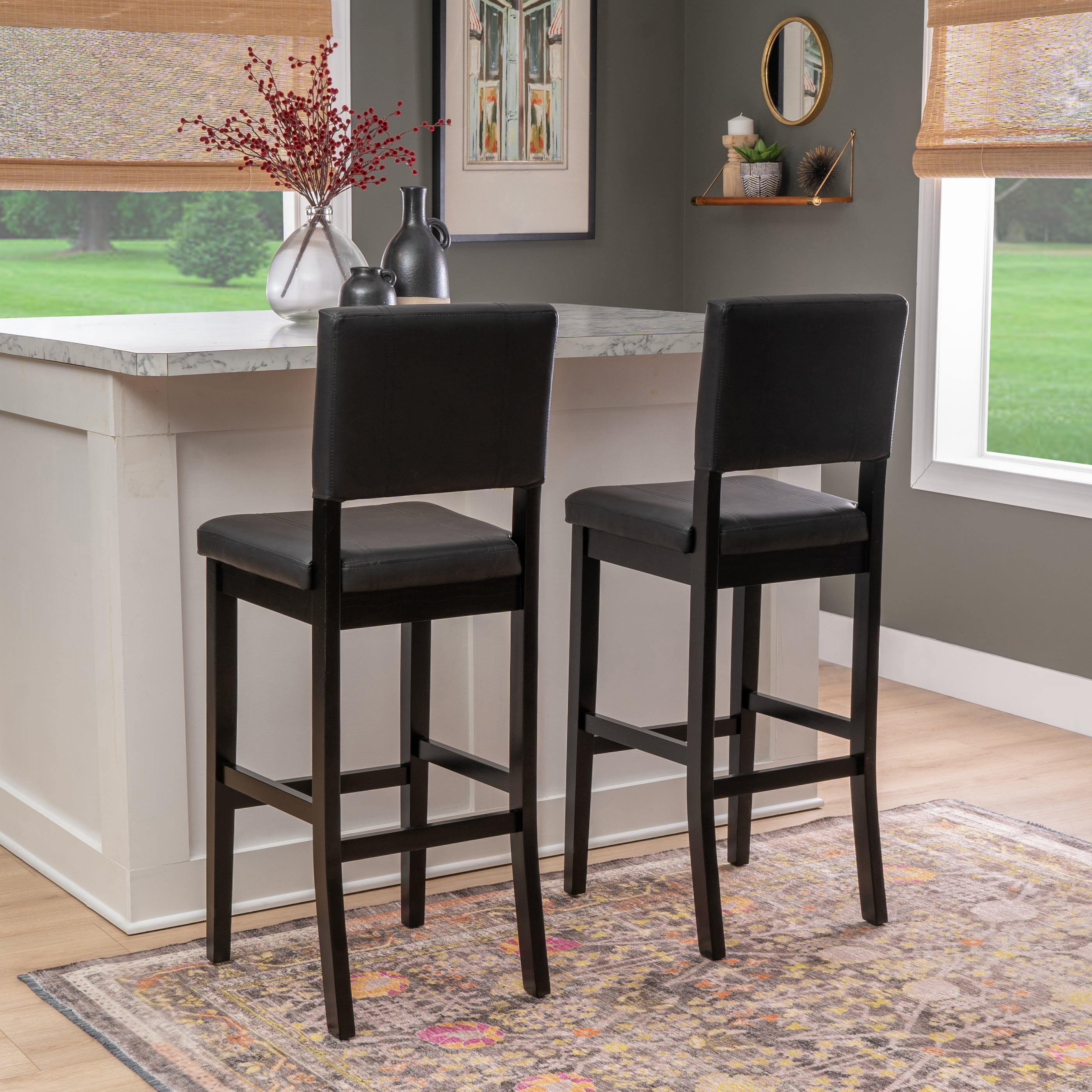 Linon Milano 31" Indoor Padded Mid Back Barstool, Black Faux Leather