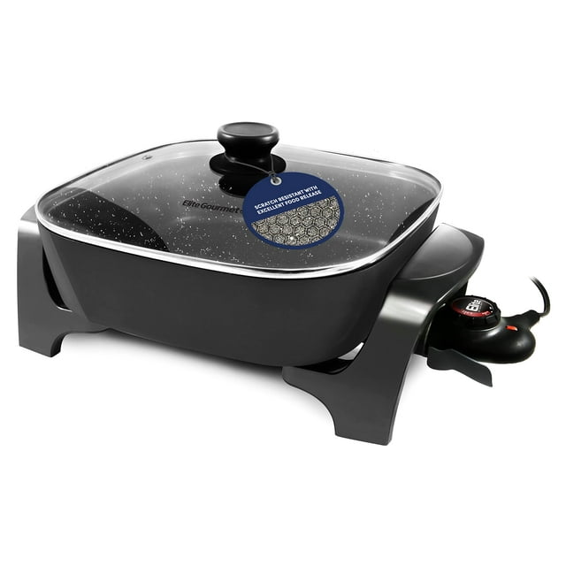 Elite Gourmet EG6201 Extra Profundo 30,5 x 30,5 x 8,1 cm Resistente a los arañazos, apto para lavaplatos, sartén eléctrica antiadherente con tapa ventilada de vidrio,