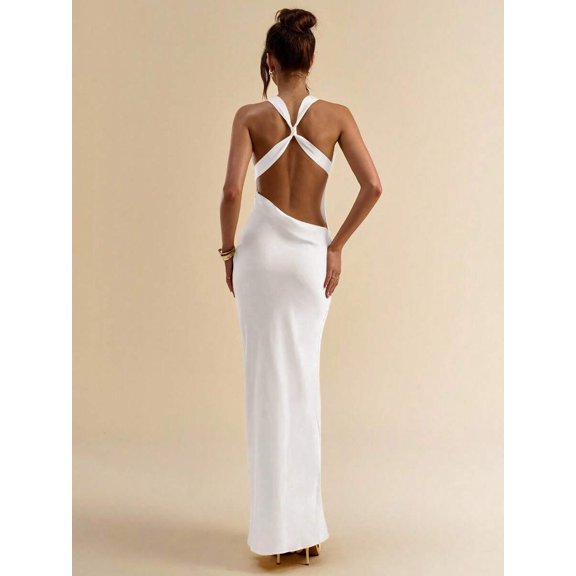 White Satin Backless Halter Maxi Dress With Cross-Back Draping For Evening Or Party
