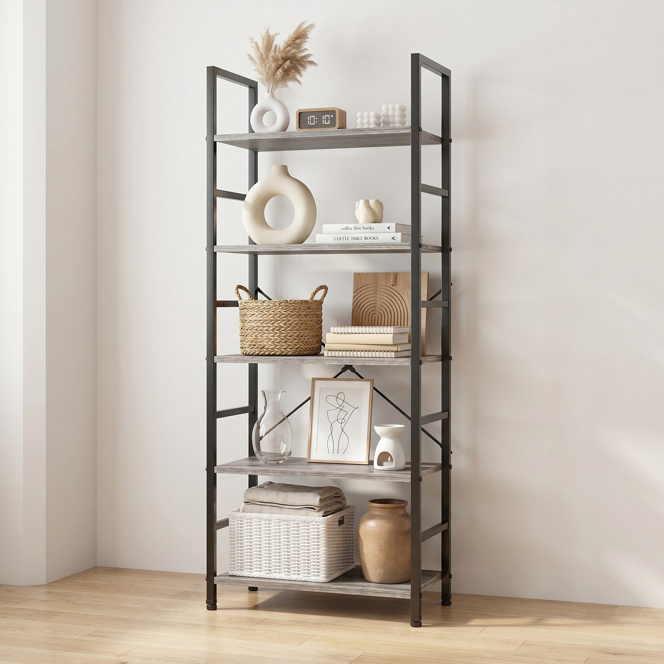CONCETTA Bookshelf, 5-Tier Small Industrial Storage Shelf & Shelves, Metal Bookcase for Home Office, Living Room, Wood Gray