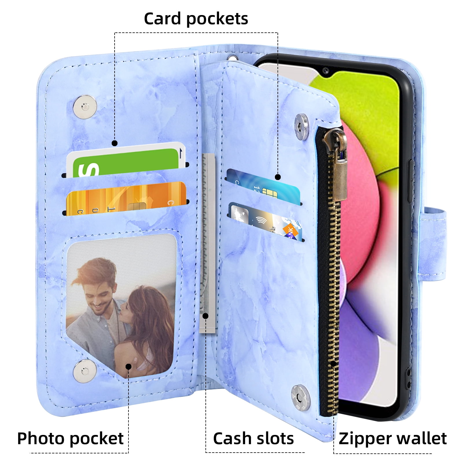Asuwish Compatible with Samsung Galaxy A03s US Version 5G 2022 Wallet Phone Case and Tempered Glass Screen Protector Marble Flip Credit Card Holder Cell Cover for Ao3s A 03s SM-A037U SM A037U Blue
