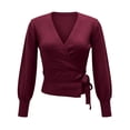 thumbnail image 4 of Admvng Women's Wrap V‑Neck Knit Sweater Long Sleeve Cropped Pullover Side Tie Knot Casual Fall Sweater, 4 of 9