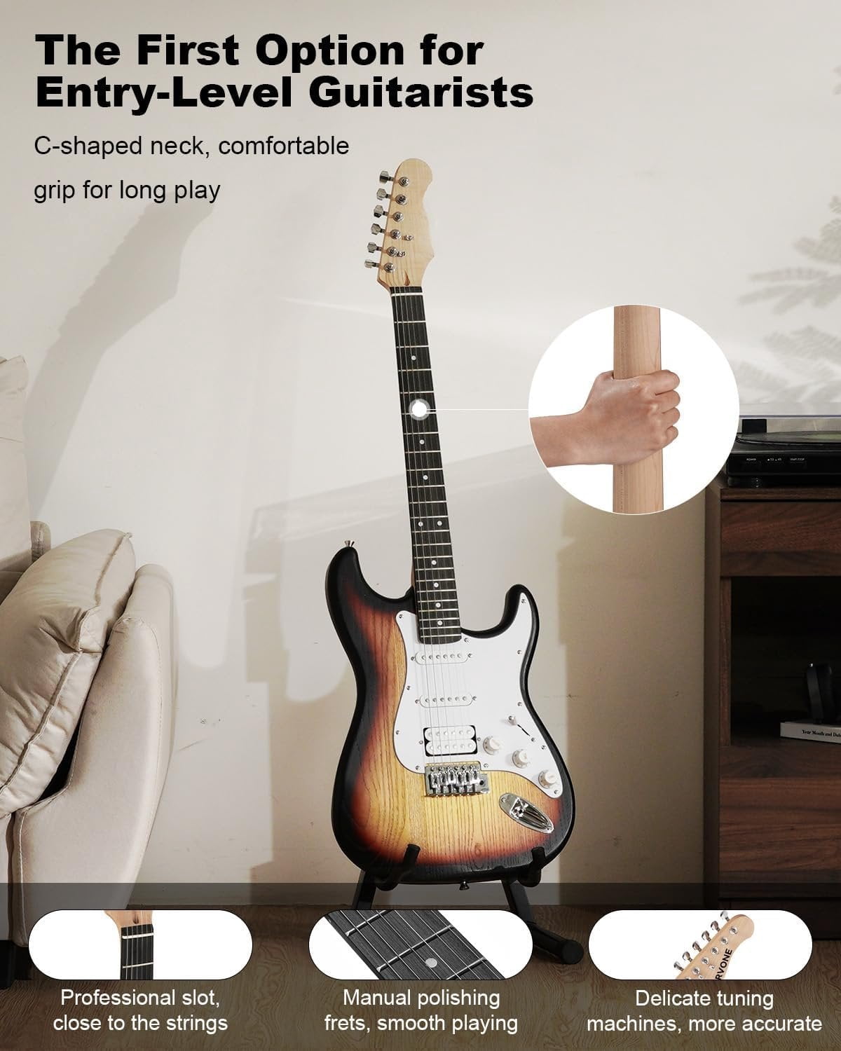 RST-150 39"Beginner Electric Guitar Kit with Amplifier, Classic HSS Pickup, Electric Guitar with Gig Bag, Capo, Strap, Extra Strings, Digital Tuner, 3 Picks, Cleaning Cloths (3-Sunburst)