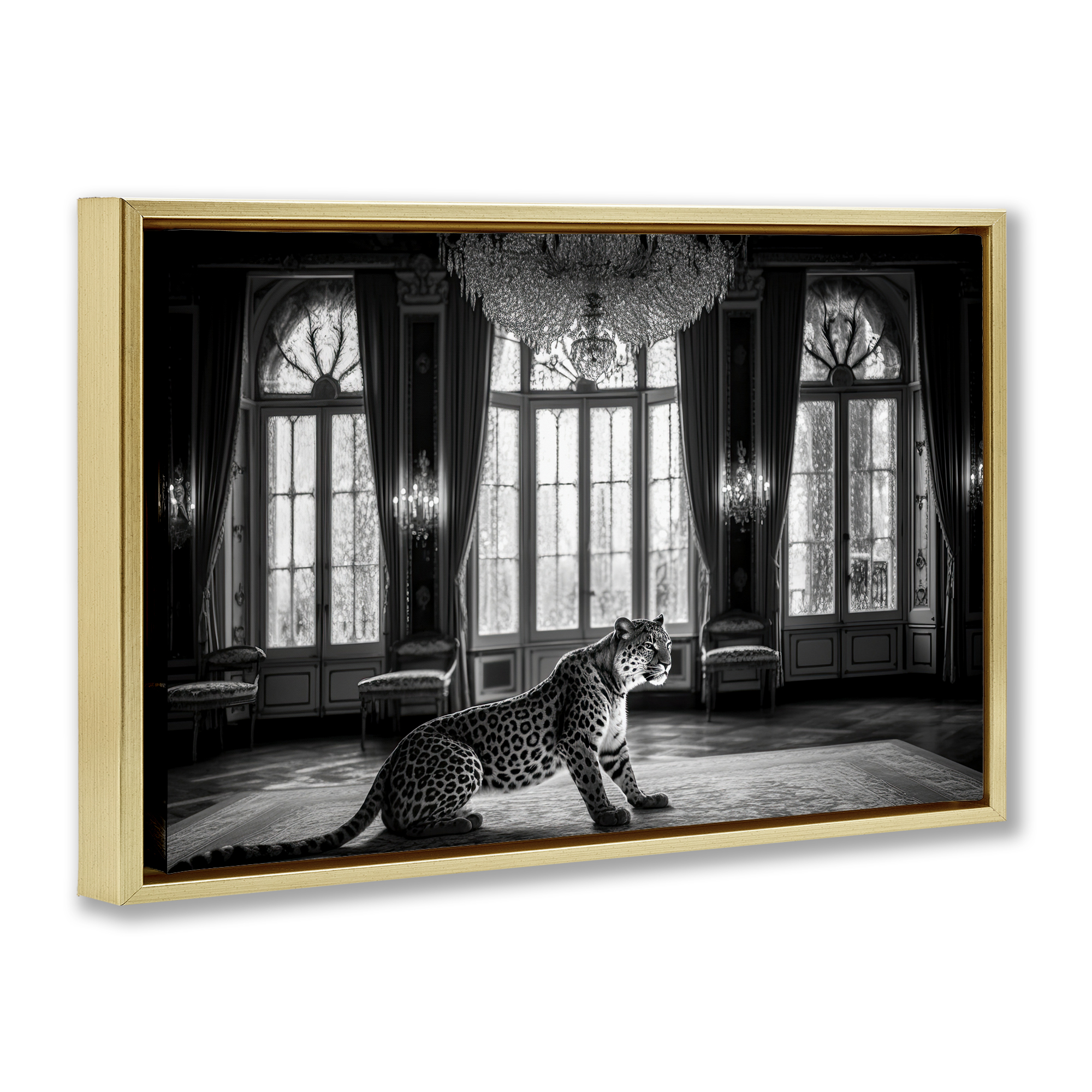 Snow Leopard in Opulent Mansion Gold Framed Floater Canvas Wall Art, design by Decent Exposures