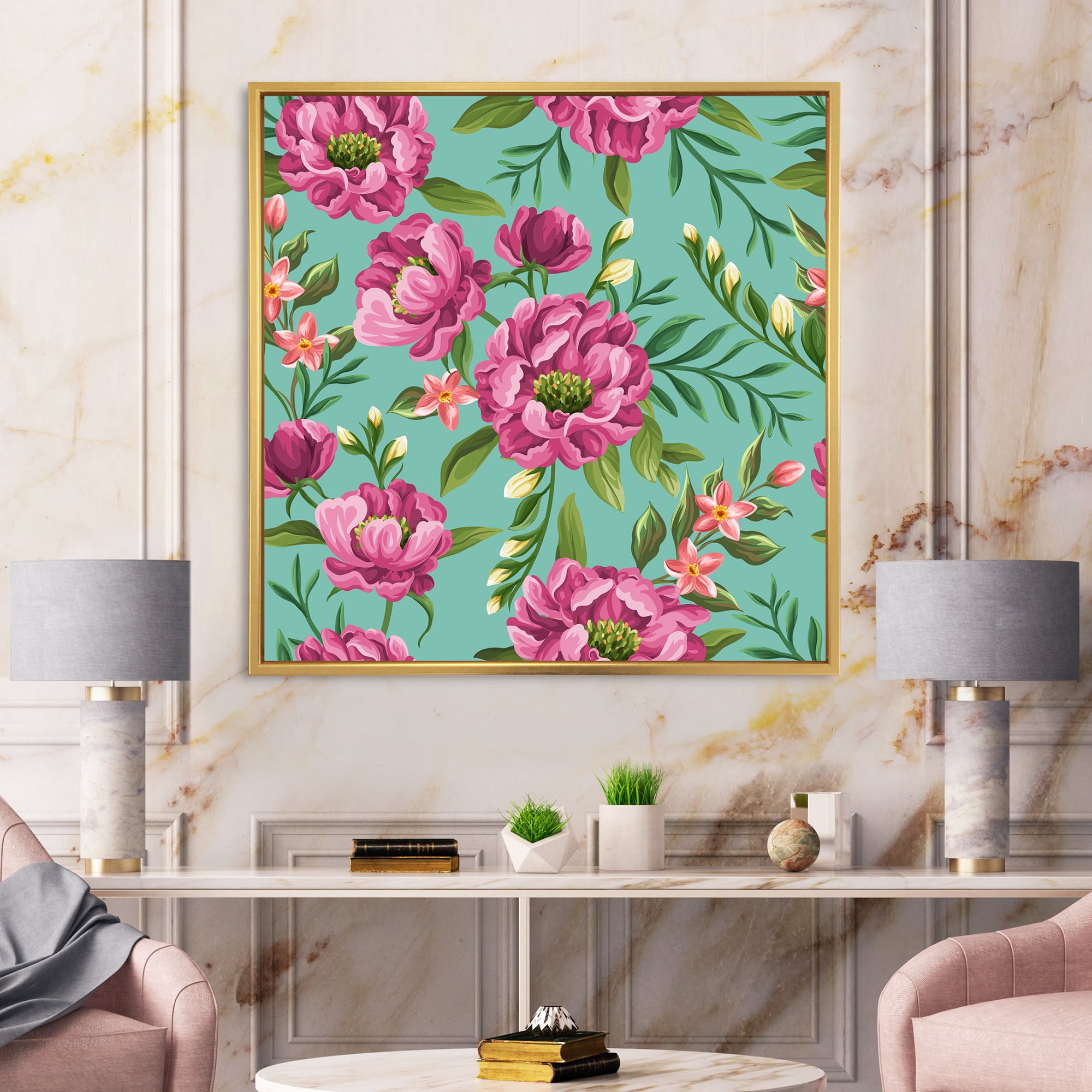 Fuchia Pink Flowers On Green VIntage 36 in x 36 in Framed Painting Canvas Art Print, by Designart