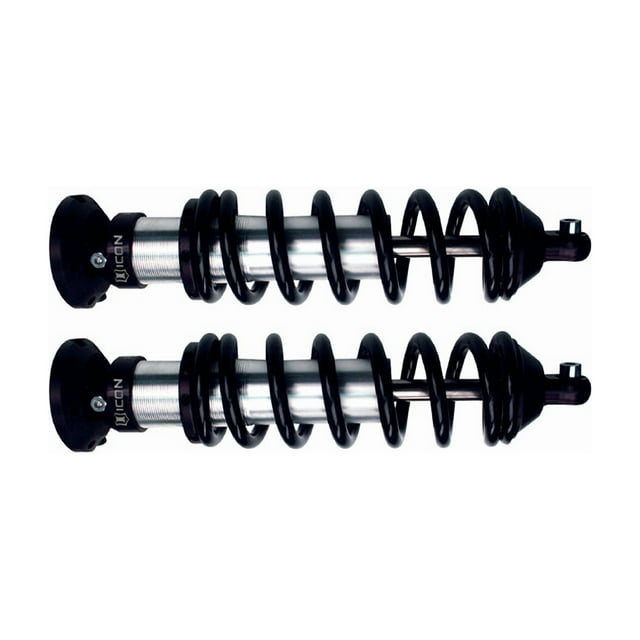Fits 2000-2006 Toyota Tundra Icon Vehicle Dynamics Coil Over Shock Absorber 58620 Non Adjustable Valving; 0 To 2-1/2 Inch Lift; Pigtail Spring; Black/Silver; Without Remote Reservoir; Set Of 2
