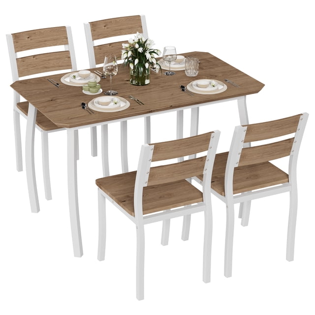 Modern 5-Piece Dining Table Set for 4, Space-Saving Metal & Wood Design with Cushioned Seats, Chamfered Edge – Perfect for Apartments, Small Spaces, Breakfast Nook – Multiple Color Options