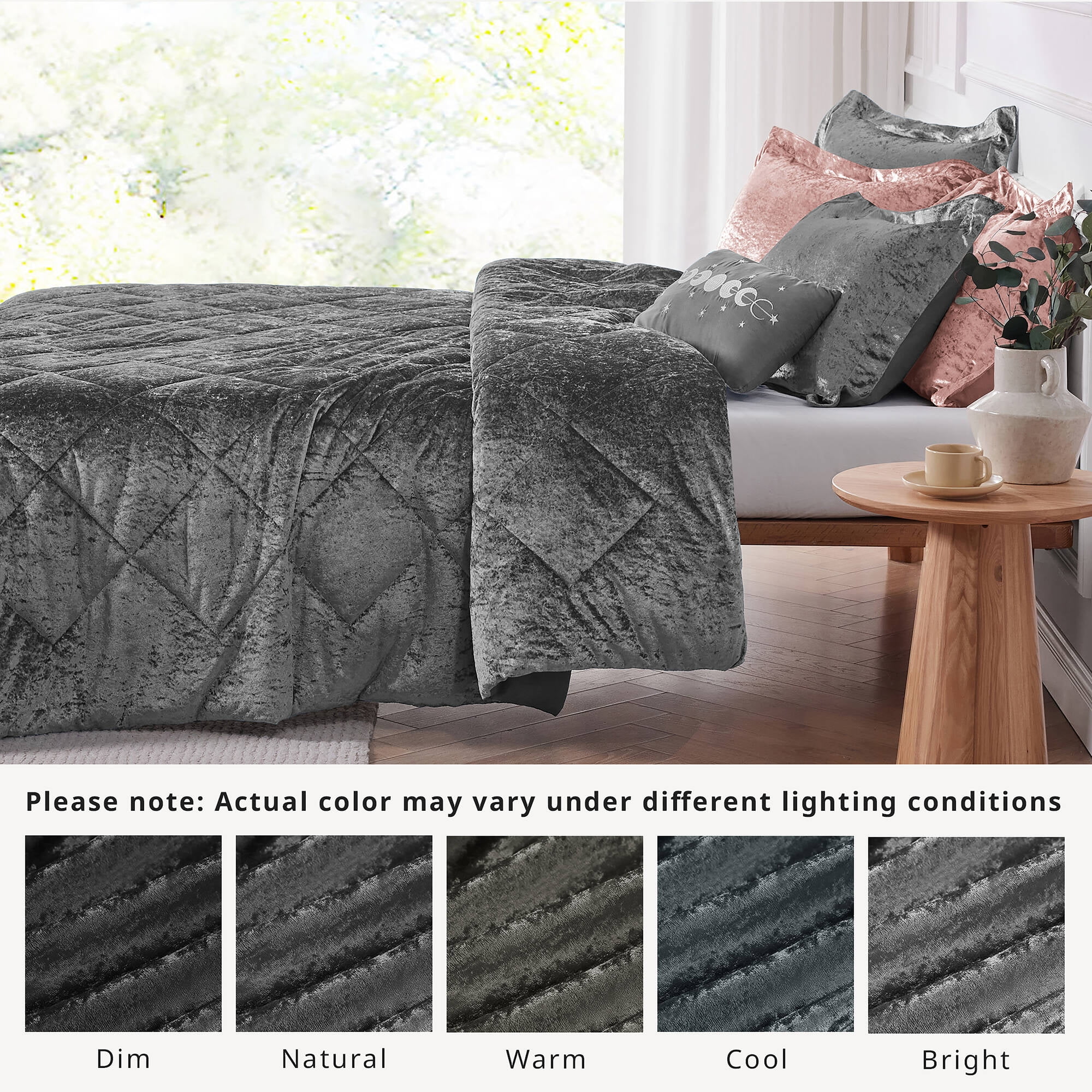 Regency Heights Full/Queen Size Comforter Sets, Velvet Bedding Comforter Set for All Seasons, Grey Bedding Set with Decor Pillow, 4-Piece