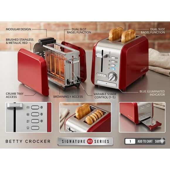 Betty Crocker 2-slice toaster (red metallic stainless steel)