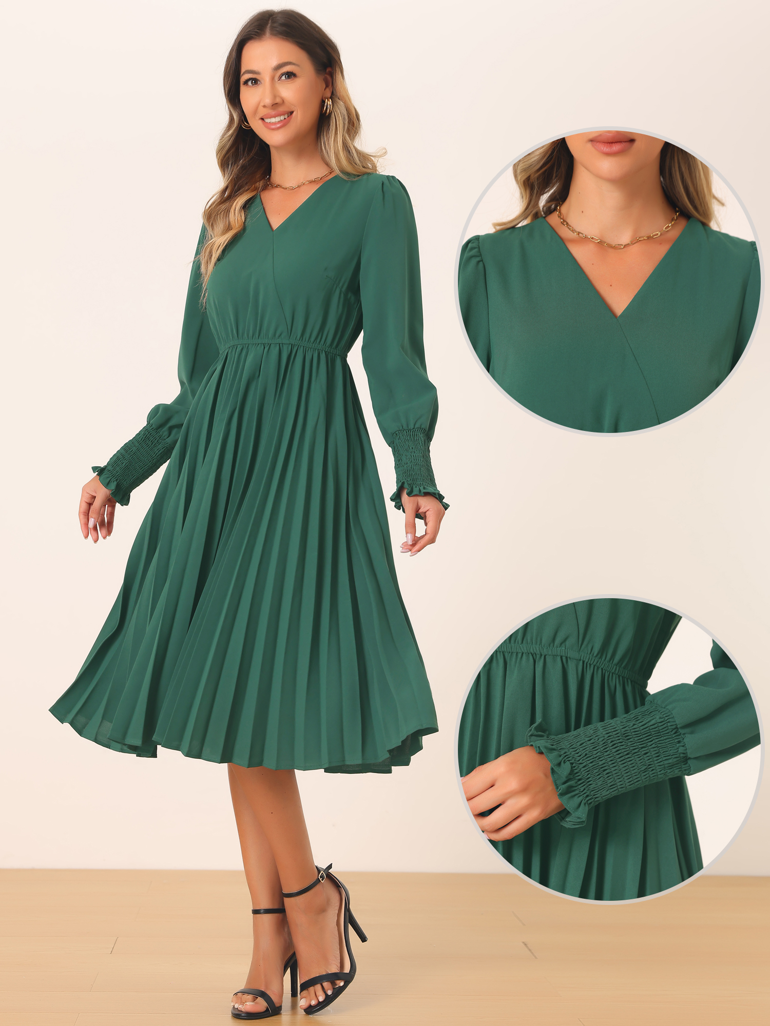 DARING DIVA Casual Chiffon A-Line Midi Pleated Dress M Dark Green