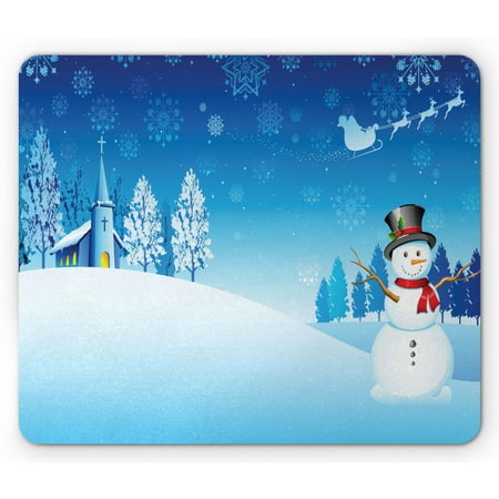 Christmas Mouse Pad, Snowman on the Christmas Eve Santa's Sleigh in the Starry Sky Fantasy Artwork, Rectangle Non-Slip Rubber Mousepad, Blue White, by