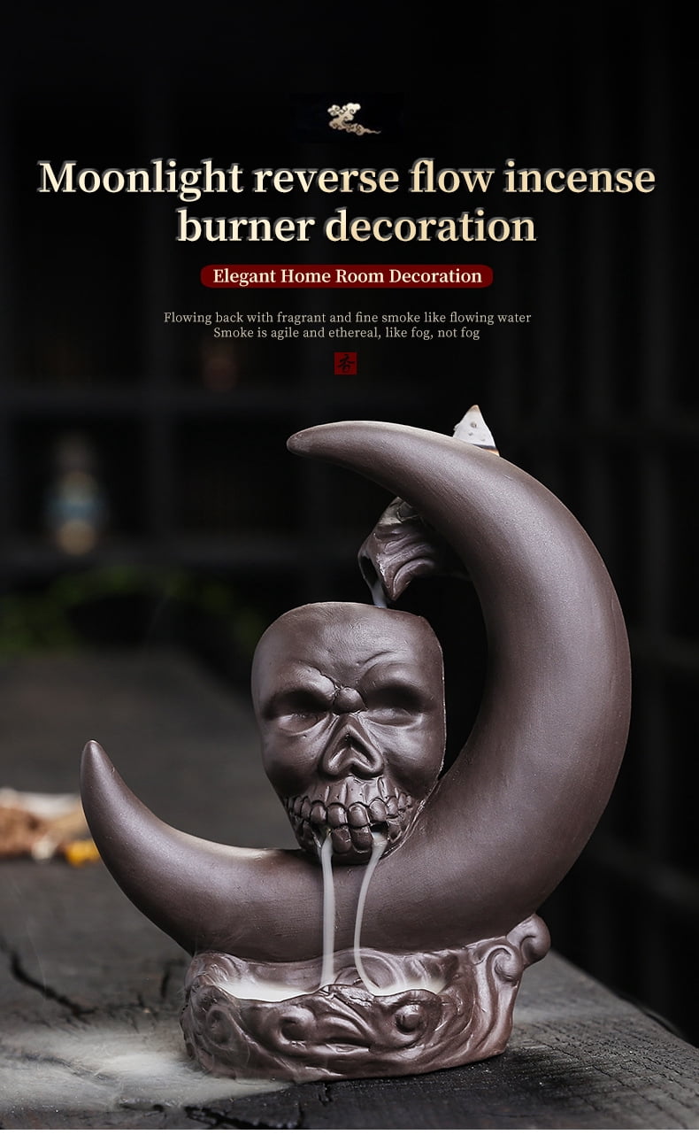 Purple Clay Moon Shape Backflow Incense Burner Creative Halloween Skull Head Smoke Sandalwood Incense Holder Home Decor