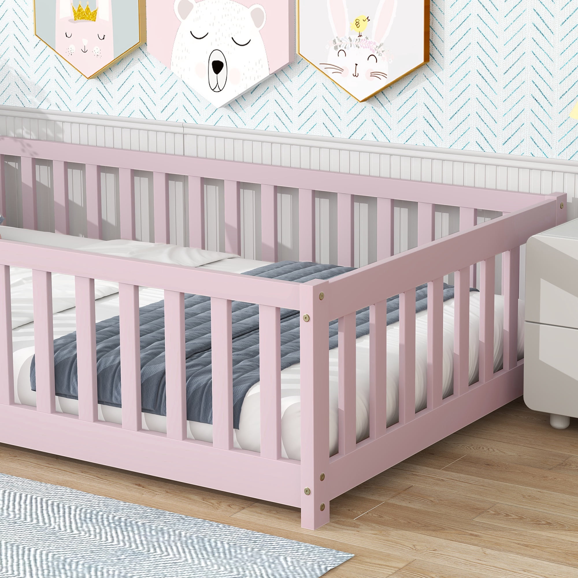 Sesslife Twin Size Floor Bed with Door and Fence, Wood Floor Platform Bed with Slats, Floor Bed for Boys Girls, No Box Spring Needed, Pink