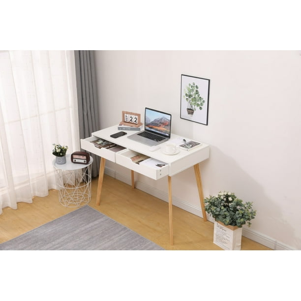 Olivia West White Writing Desk With Drawers For Laptop Or Desktop Computer Mid Century Modern Style Small Spaces Office Living Room And Bedrooms Makeup Vanity Table Without Mirror Com Olivia West White Writing Desk With, Small White Vanity Table Without Mirror
