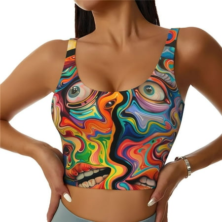 Sports Bras for Women - Psychedelic Faces Colorful Seamless Yoga Bra Workout Crop Top with Removable Pads