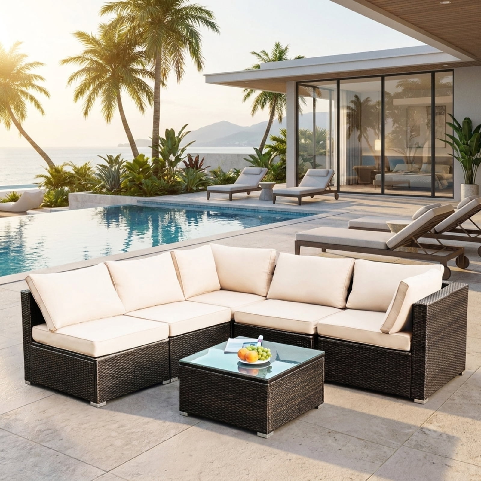 Biotree Patio Furniture Set 5 Pieces Cushioned Rattan Outdoor Sectional Conversation Set with Glass Coffee Table for Garden Backyard Porch, White