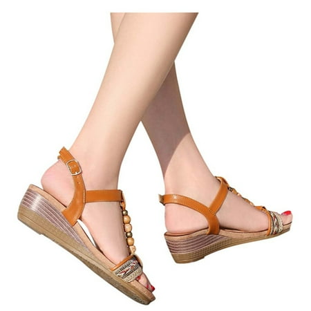 

Bohemian Retro Beaded Buckle Roman Sandals Wedges Flat Women Sandals