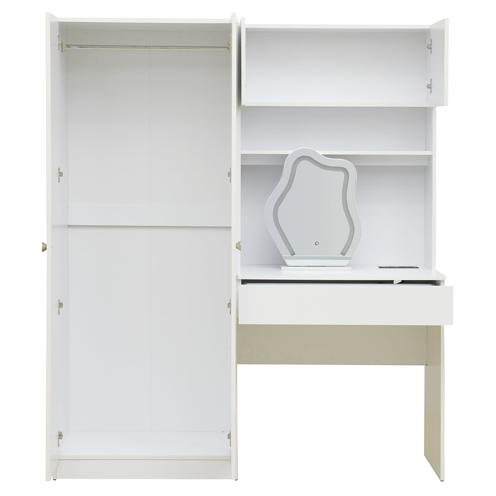 2-Door Wooden Storage Vanity Wardrobe for Bedroom with Makeup Mirror and Drawers