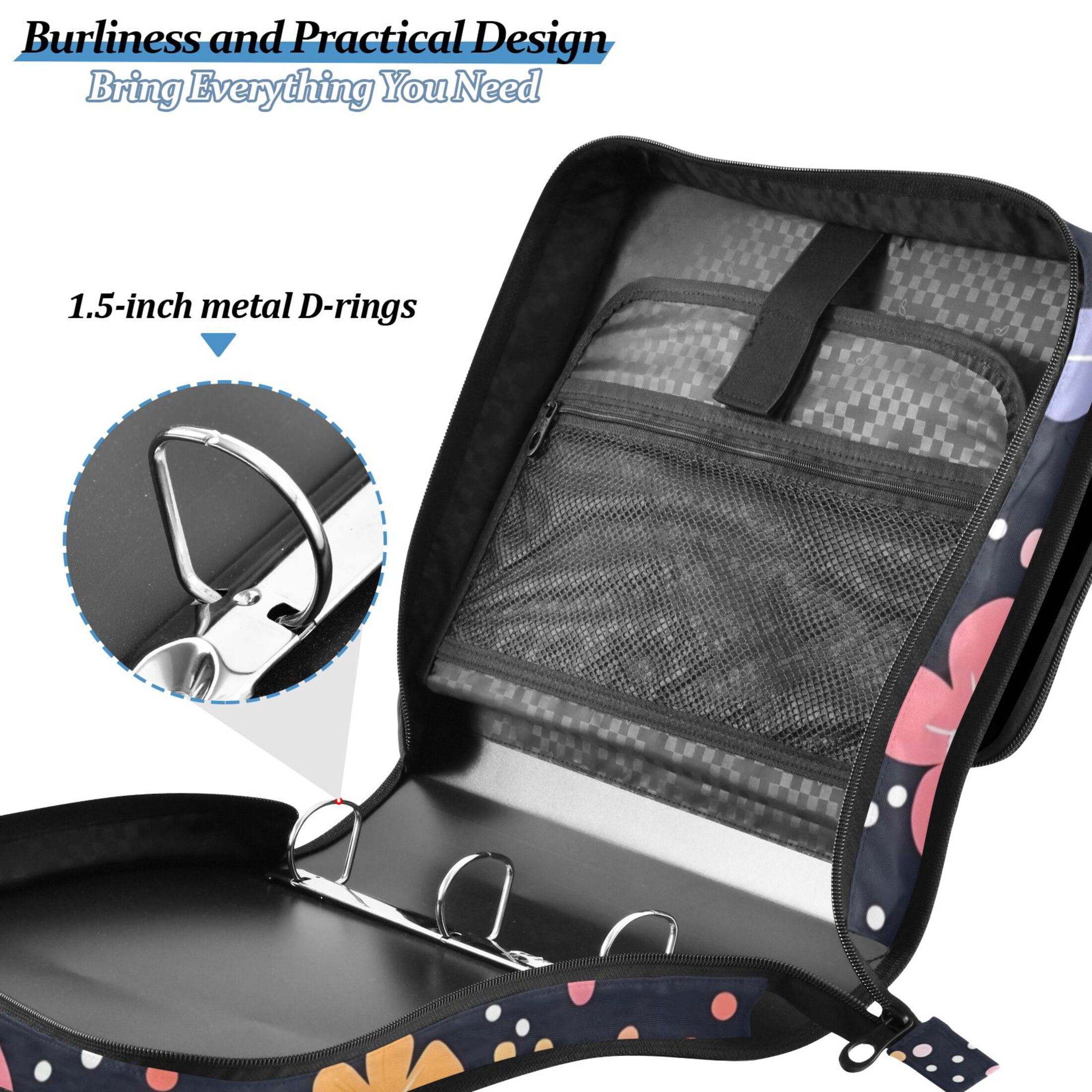3 Ring Zipper Binder with Shoulder Strap Waterproof Trapper Keeper 2 Inch D-Ring 500 Sheets Capacity Cartoon Flowers and Dots