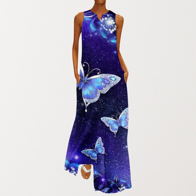 SMihono Robe Maxi Bohème d'Été pour Femmes Grande Taille Mode d'Été pour Femmes Imprimée à Col en V Sans Manches à Enfiler avec Poches Robe de Plage Évasée Robe Soleil