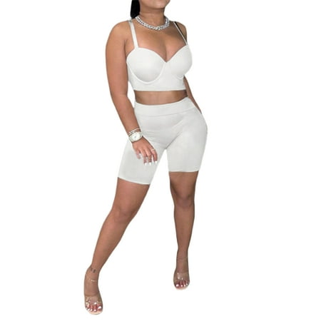 

Women s 2 Picecs Summer Workout Set Plain Spaghetti Strap Sleeveless Sports Bras and Elastic Waist Slim Shorts Gym Set