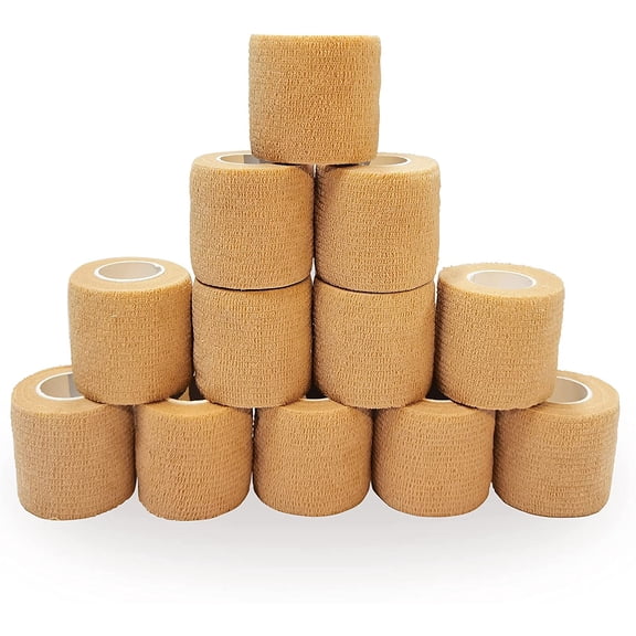 12 Bulk Pack Cohesive Tape, Self Adherent Wrap 2 Inches X 5 Yards - Self Adhesive Bandage Medical Vet Wrap for First Aid, Sports Protection and Wrist, Ankle Sprains & Swelling