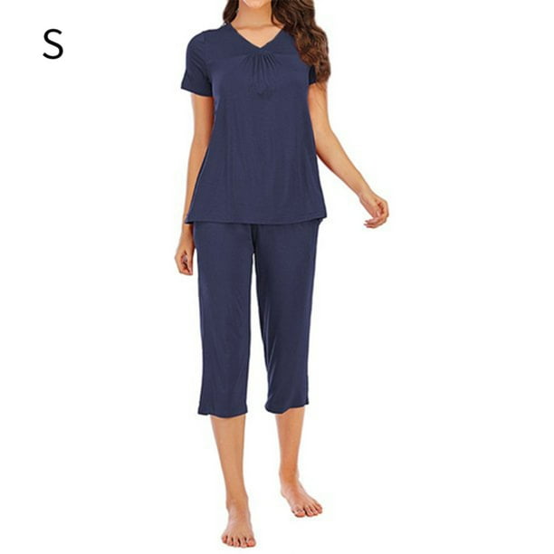 Conjunto de ropa de dormir para mujer Pantalones superiores con cuello en V sexy Pijamas modal Ropa de dormir, Azul, S Vogacara AP001684-06