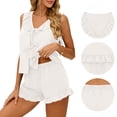 thumbnail image 3 of DYTTDG Silk Solid Color Pajama Set for Women 20PC Sleeveless Flouncing Collar Shirt with Short Pajama Pant Set Elastic Drawstring & Pocket, 3 of 8