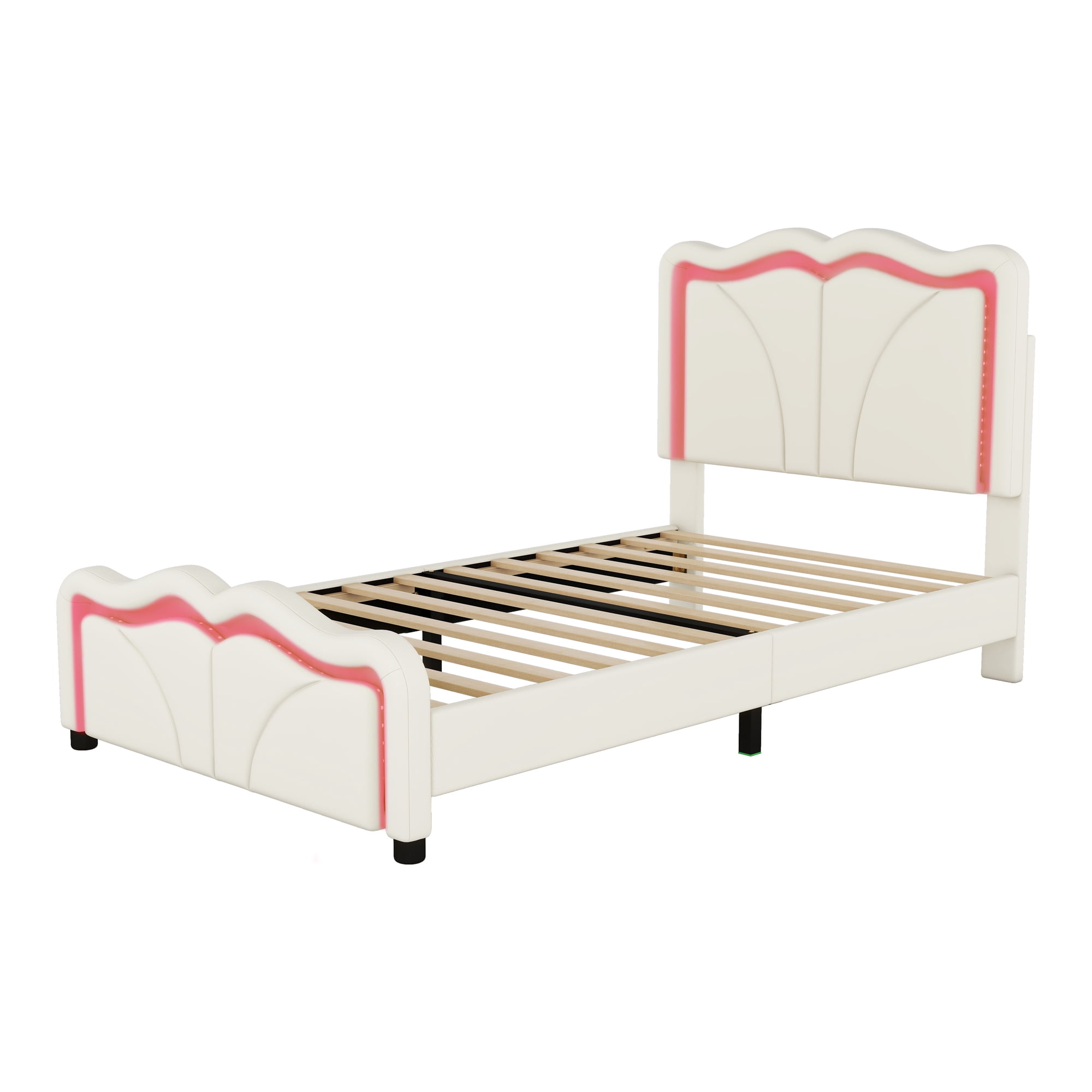EUROCO Upholstered Twin Platform Bed, Cartoon Bed with Adjustable Headboard and LED Light for Toddler Kids Teens Adults, Beige