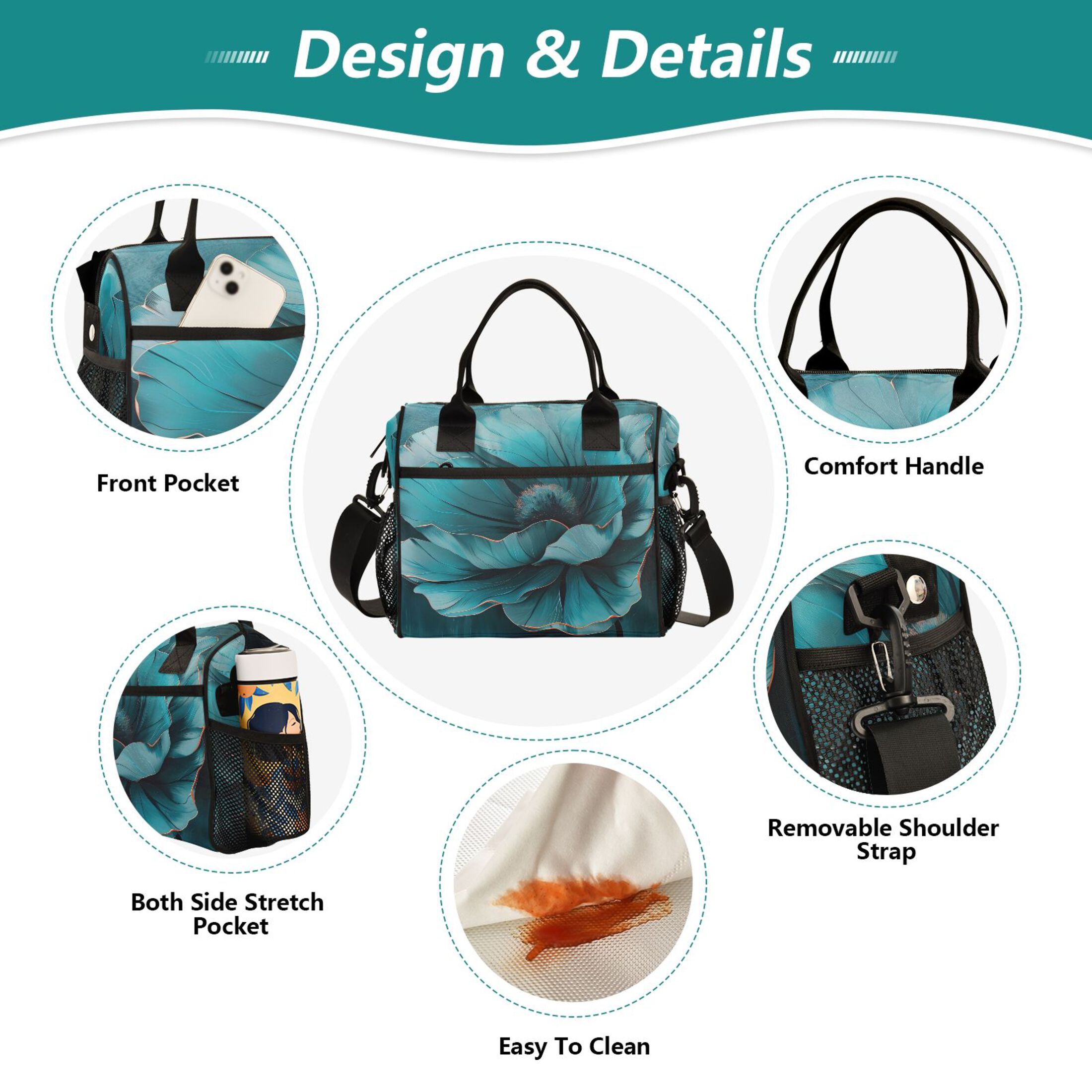 ALAZA Teal Flower Insulated Lunch Bag Reusable Tote Box Adjustable Shoulder Strap for Work Picnic
