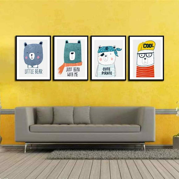 4pcs/set Cartoon Animals Figure Cute Oil painting Cute bear Bears Simple Style Canvas HD Printed Oil Paintings Posters Pictures