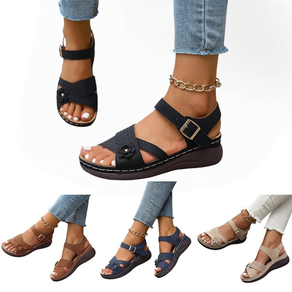 EKVAHL Orthopedic Sandals for Women Soft Non-Slip Ankle Strap Sandals Summer Dressy Strappy Arch Support Foam Shoes Comfy Open Toe Flat Beach Sandals Black
