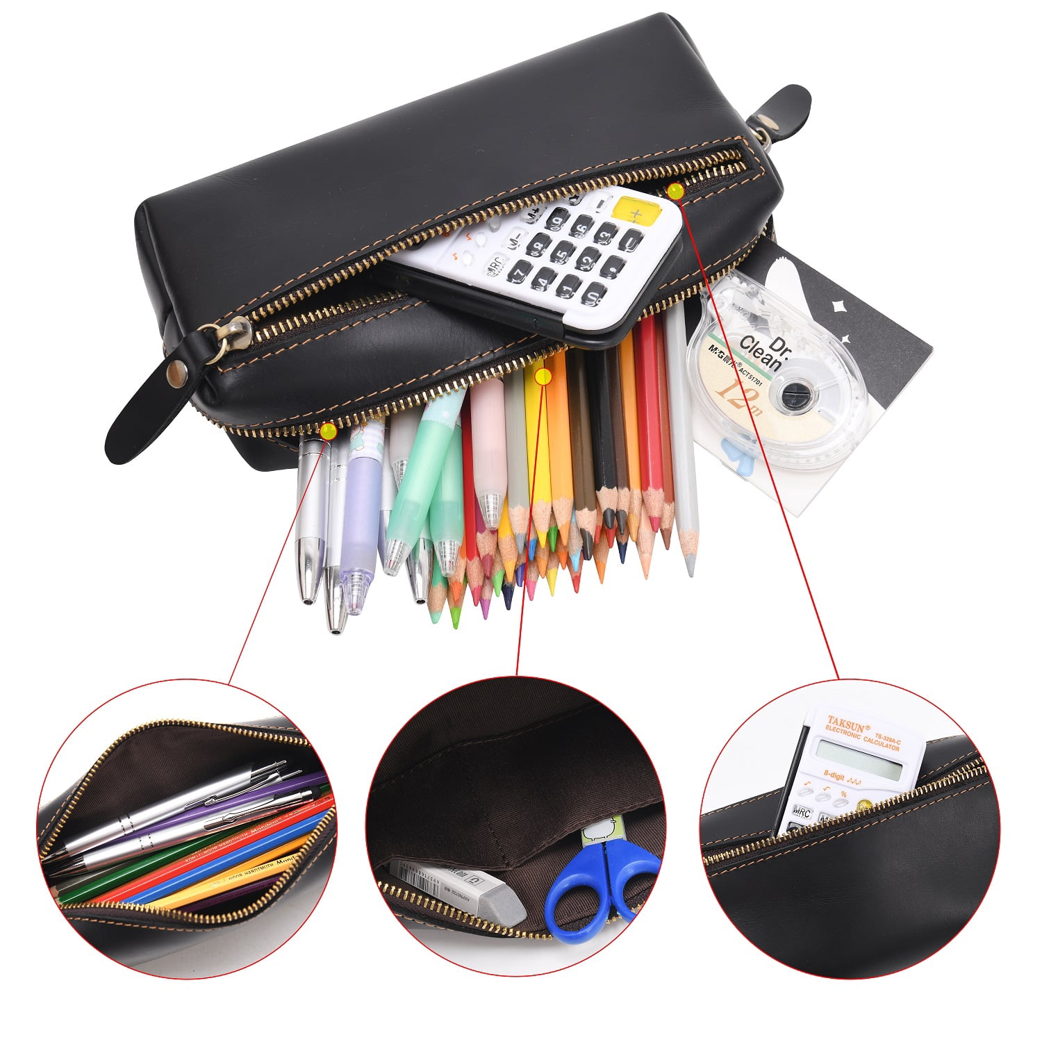 WONDERPOOL Pen Case Real Leather Pencil Pouch Markers Holder Big Capacity Bag with Side Zippered Pocket Sleeve for Stationery Makeup Utensils Organizer (Black)