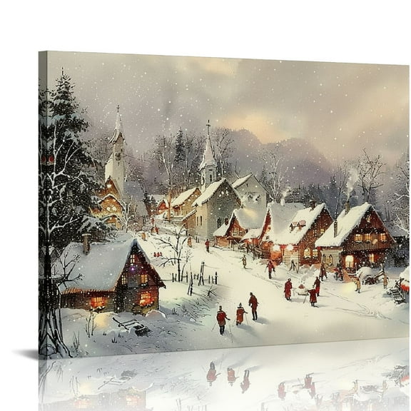 ONETECH Christmas Canvas Wall Art, Rustic Christmas Tree Pictures for Wall Decor, Winter Snowy Village Artwork Prints, Christmas Snowscape Painting for Festive Holiday Room 20x16in